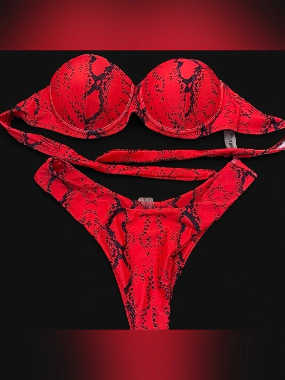 Red Snakeskin Print Bikini Set. Size S. Padded strapless top. Cheeky bottoms. - Picture 2 of 5